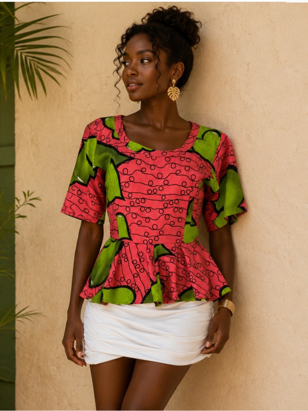 RESORT WEAR Pink & Green Abstract Print Scoop Neck Peplum Short Sleeve Top